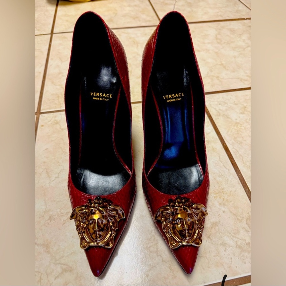 Versace Burgundy Heels with Gold Medusa Accent